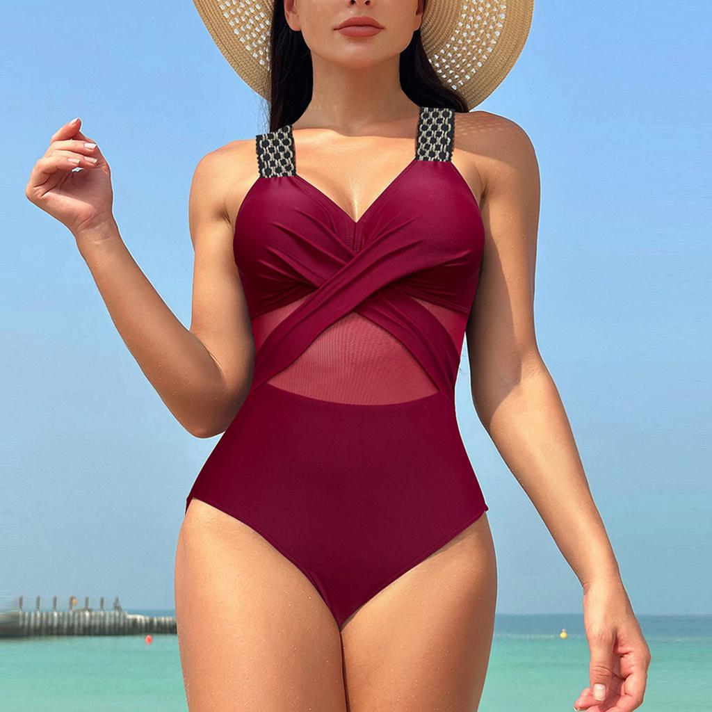 Women's Color Mesh Bikini One-Piece Swimsuit