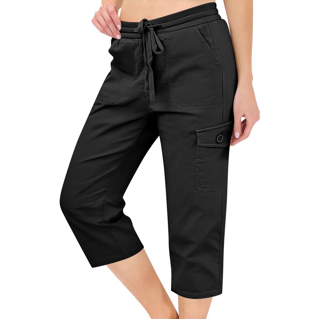 Women Elastic High Waist 3/4 Pant Casual Fit Wide Capris Leg Pants Trousers With Pockets