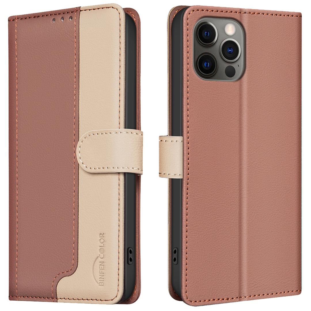 

For iPhone 14 Pro Max Leather Case Splicing Color Stand Phone Cover Brown
