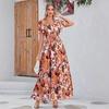 European and American Women's Clothing New V-neck Printed Dress Temperament Elegant Casual Waist Dress