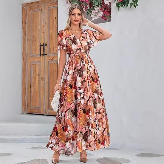 European and American Women's Clothing New V-neck Printed Dress Temperament Elegant Casual Waist Dress