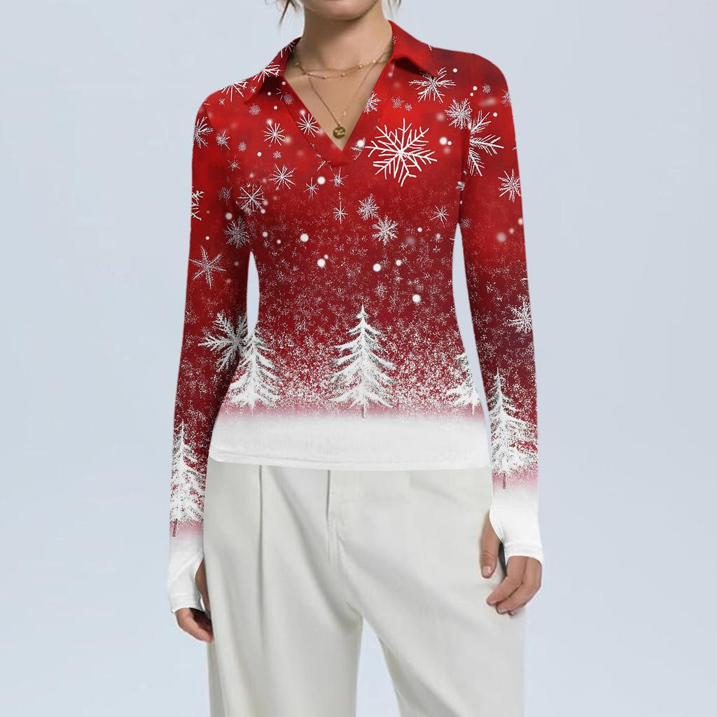 Damenmode Lässig Weihnachts-Print V-Ausschnitt Langarm Knopfleiste Oberteil