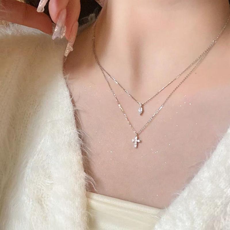 New 925 Sterling Silver Double Layer Cross Necklace Personality Charm Simple Geometric Pendant Choker Women's Exquisite Jewelry