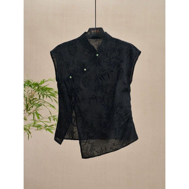 Retro Thin Shirt Chinese Style Cheongsam Top Black Jacquard Short Sleeve T-shirt Summer Mature Women's Clothing