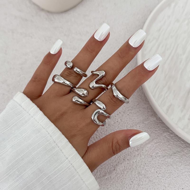 1Set Irregular Glossy Metal Open Rings For Women Vintage Punk Gold Silver Color Personality Finger Ring Female Jewelry