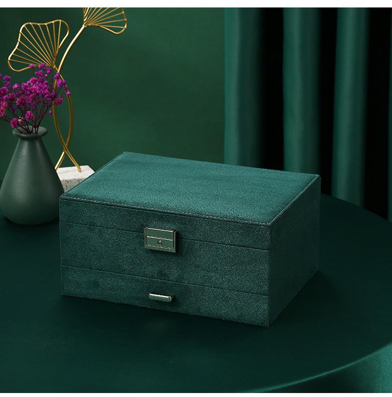 Lockable Three-Layer Velvet Jewelry Box with Earring, Ring, and Bracelet Storage