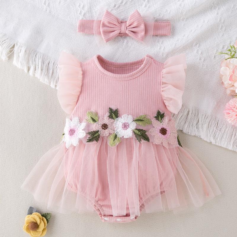 Baby Girl Summer Mesh Romper with Flutter Sleeves and Floral Print Cute Outfit 80