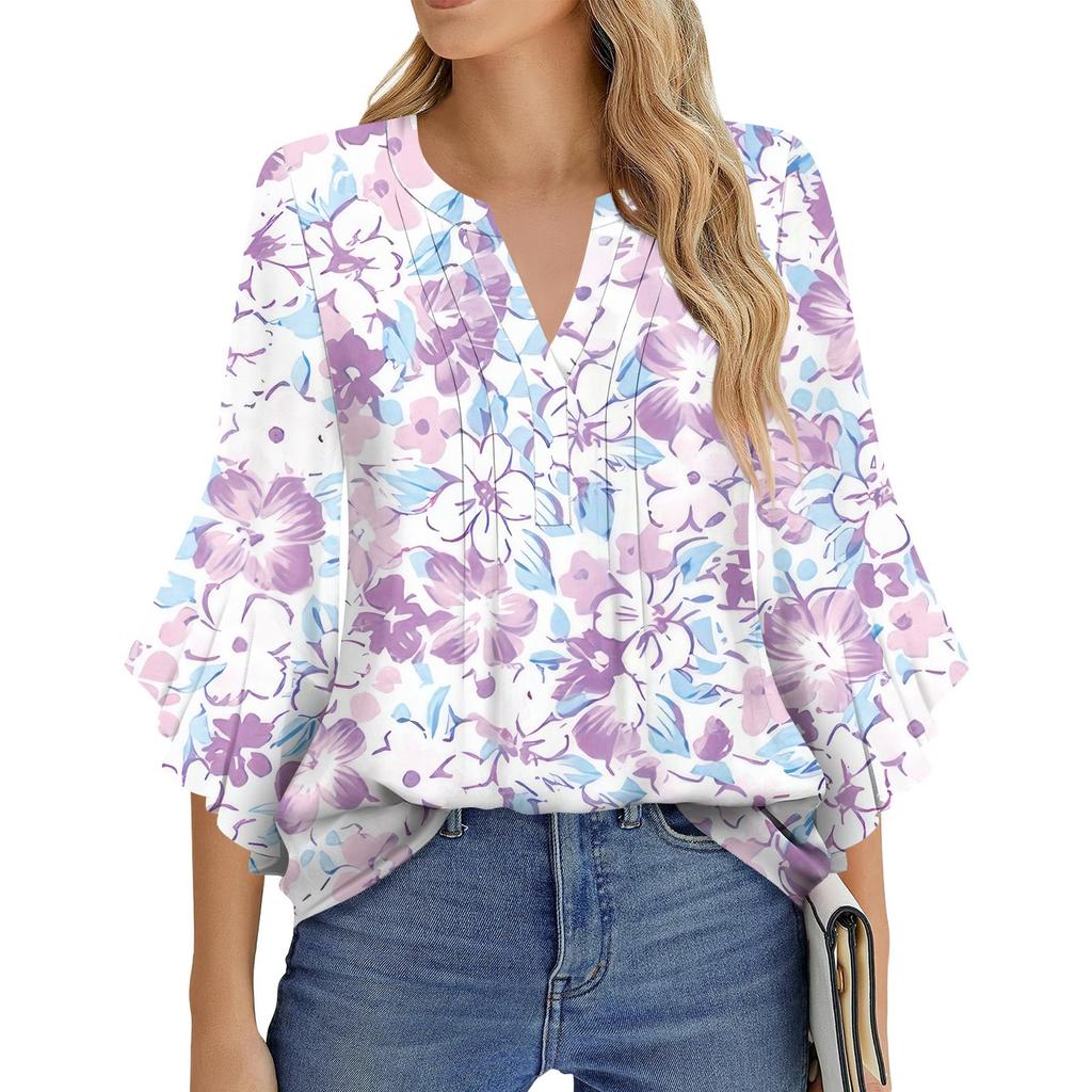 Dámská móda Ležérní plisované tričko s výstřihem do V, jednobarevné, tříčtvrteční rukáv, elegantní top