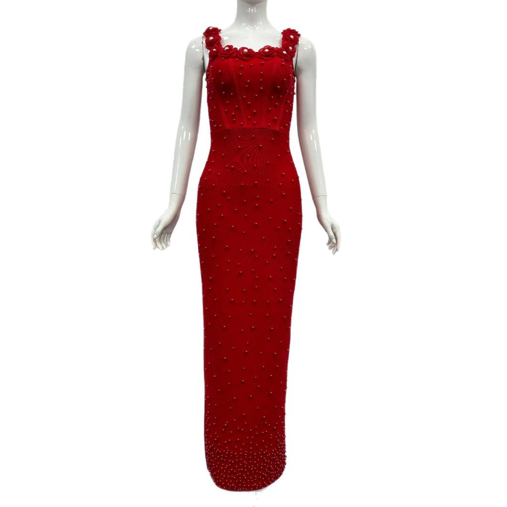 Elegante Vestido de Noite Bandage Quadrado com Alças Finas e Contas
