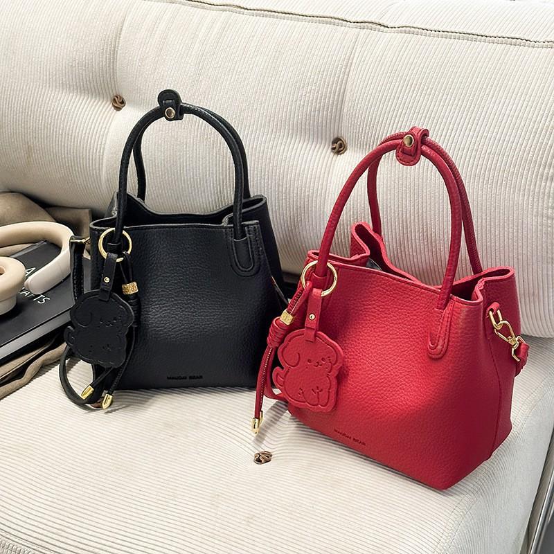 Korean Style Niche Casual Simple Lychee Pattern Portable Bucket Bag Temperament All-matching Work Commuter Mother Cross-body Women