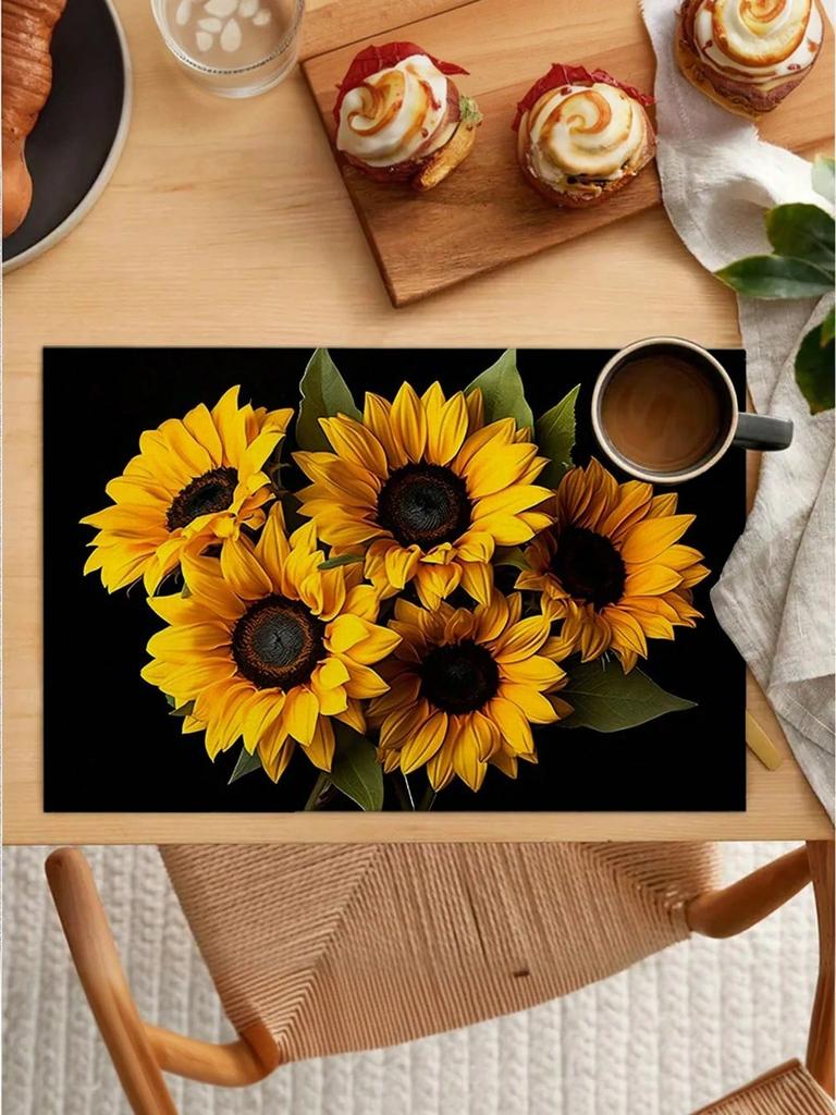 Sunflower Print Placemats Set - 4 Styles, Linen-Like Table Mats for Kitchen & Dining