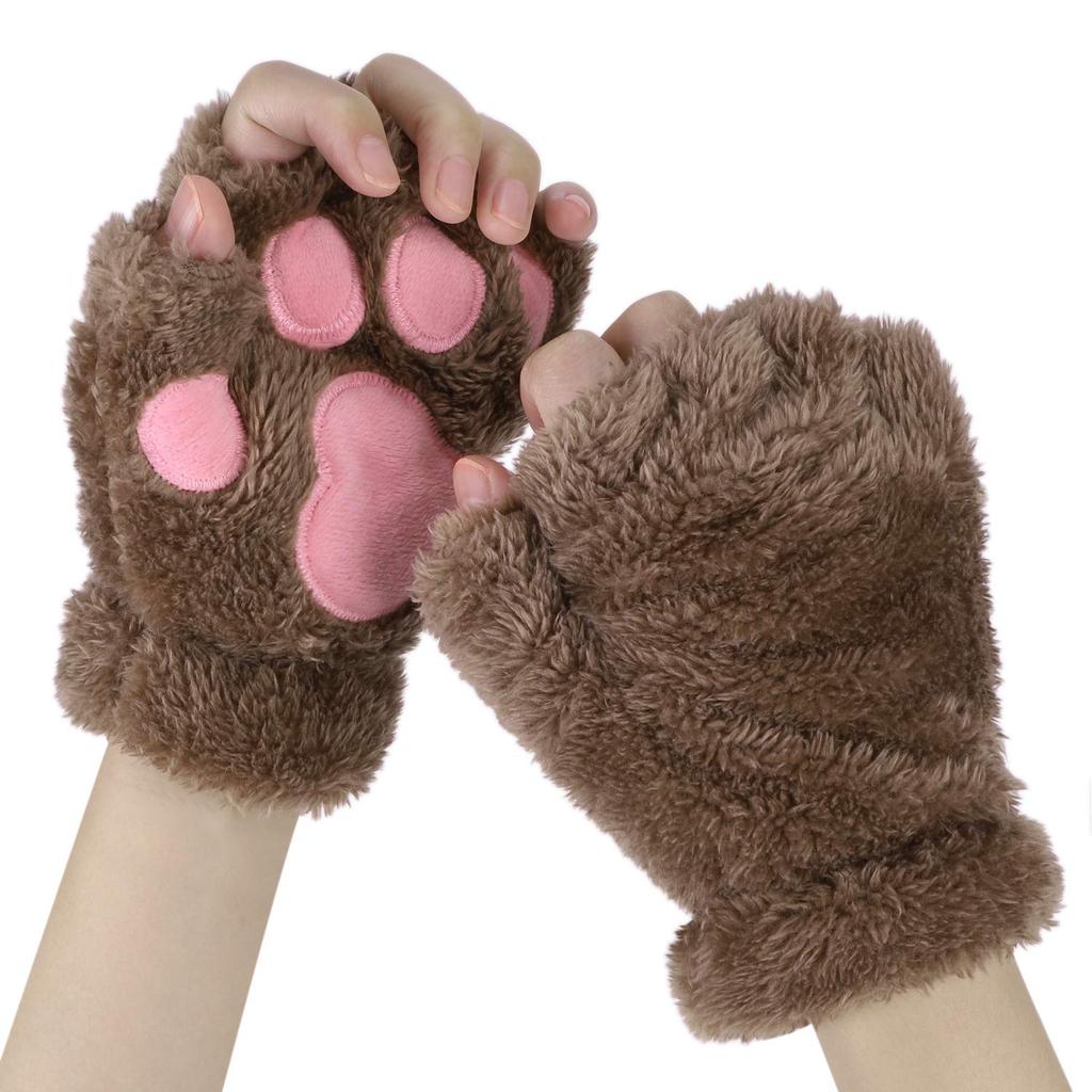 cat paw gloves for fall and winter Perfect for or cat Perfect for school cultural and other Khaki Cute, fluffy, half-finger cosplay. Halloween,