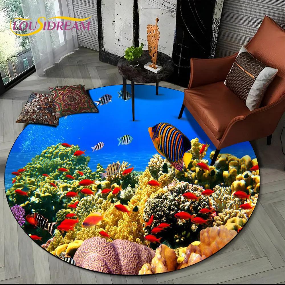 3D Seabed Underwater World Dolphin Turtle Round Area Rug,Carpet for Living Room Bedroom Sofa Playroom Decor,Non-slip Floor Mat