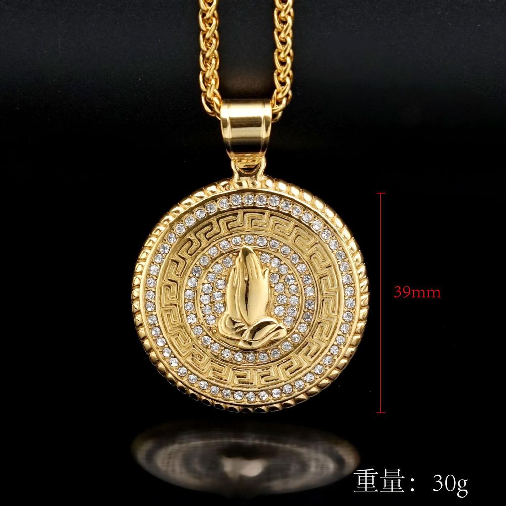 1pc Hip Hop Praying Hands Pendant Stainless Steel for Men Paved Rhinestone Gold Colour Necklace Jewelry