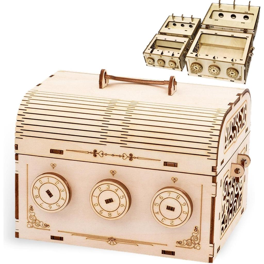 MiYAVi Large Treasure Box Dial Lock Piggy Bank Secret Box Spring Break Craft Kit 3D Puzzle Wooden Puzzle Gift Educational Toy Parent and Child DIY