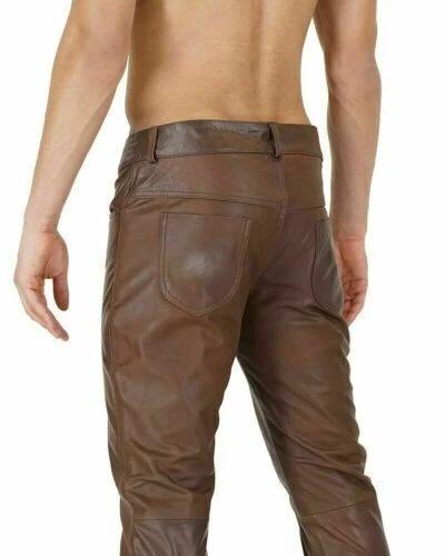 Casual Party Wear Biker Pant New Genuine Sheepskin Soft Real Men's Brown Handmade Leather