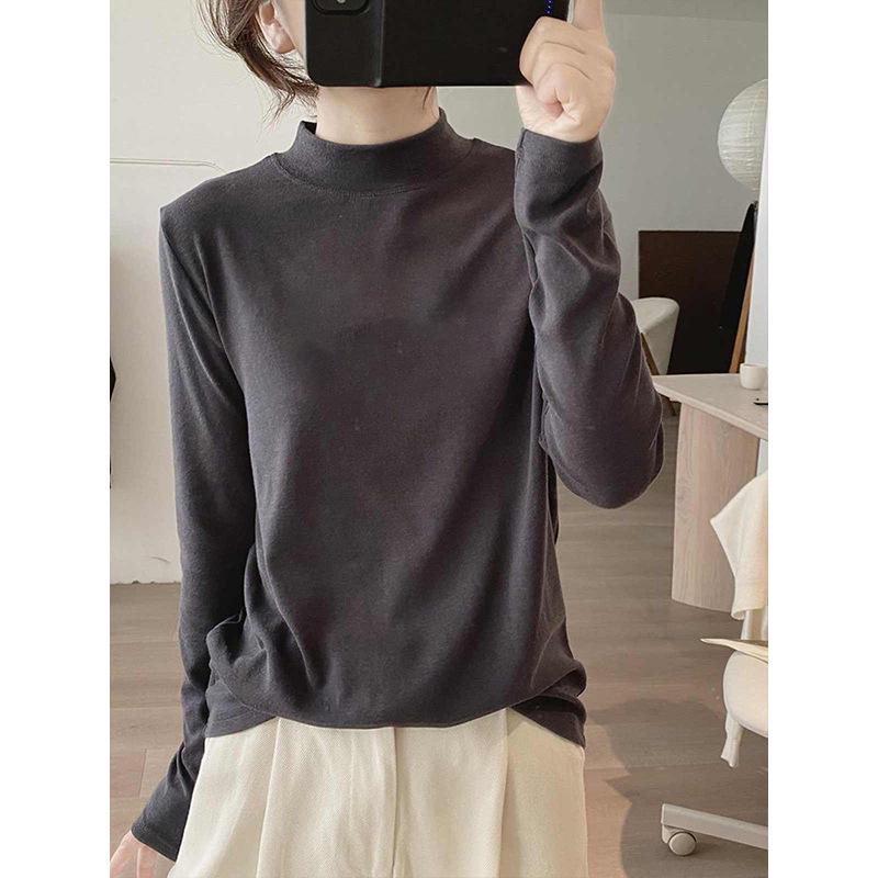 Women's Retro White Half-High Collar Long Sleeve Slimming T-Shirt - Autumn Winter Lazy Style Base Layer