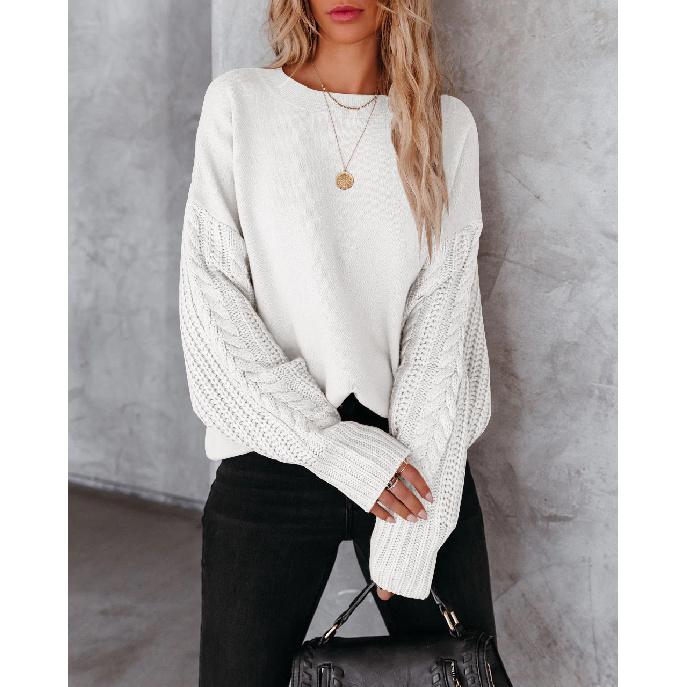 Pulover Tricotat Culoare Solidă European și American Toamnă și Iarnă Mânecă Lungă Ață Groasă Gât Rotund Top Pulover cu Romburi pentru Femei