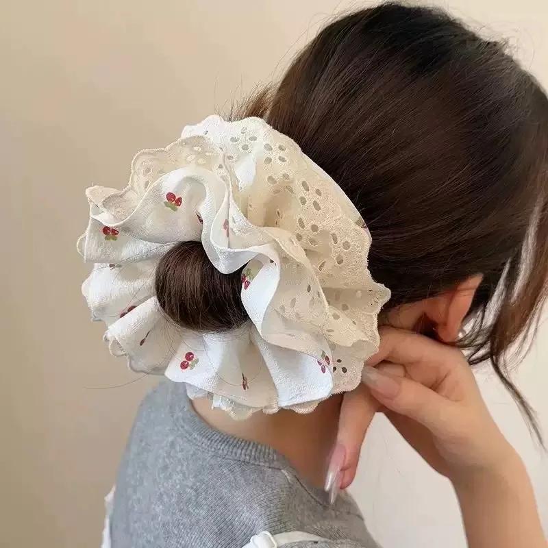 Sweet Cherry Plaid Ruffled Double-Sided Lace Hair Tie - Fashionable And Soft Fabric Women'S Hair Accessory Hair Tie