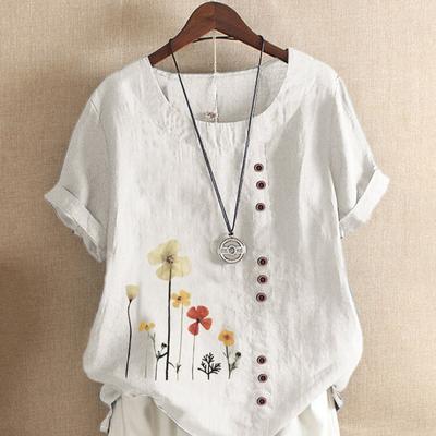 Chemises Blouses Florales Manches Courtes en Coton et Lin pour Femmes Été Printemps Dame Rétro Vintage Amples Chemises Hauts