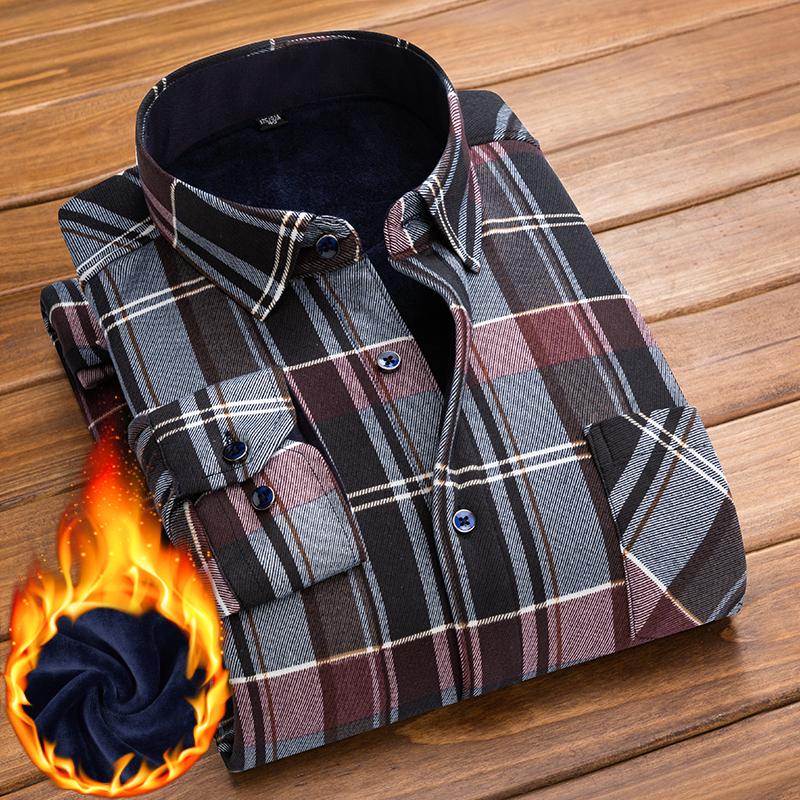Winter Men Shirt Plaid Flannel Thick Warm Long Sleeve Fleece Autumn  Dress Flannel Formal Shirt Fashion Casual Slim Fit Pocket
