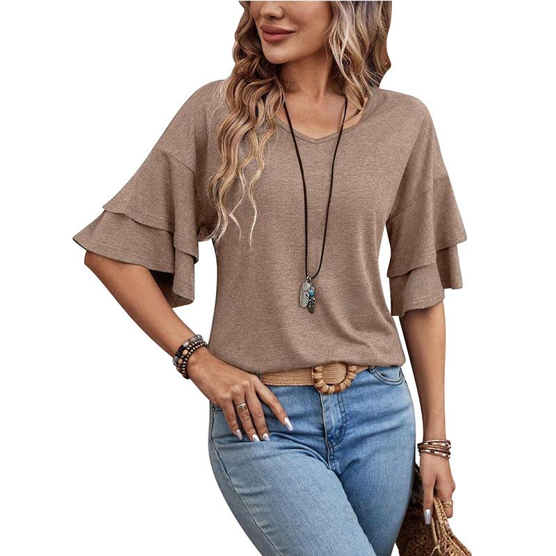 Ladies Summer Two Layer Short Sleeve  V Neck Solid Color Pullover T Shirt Top