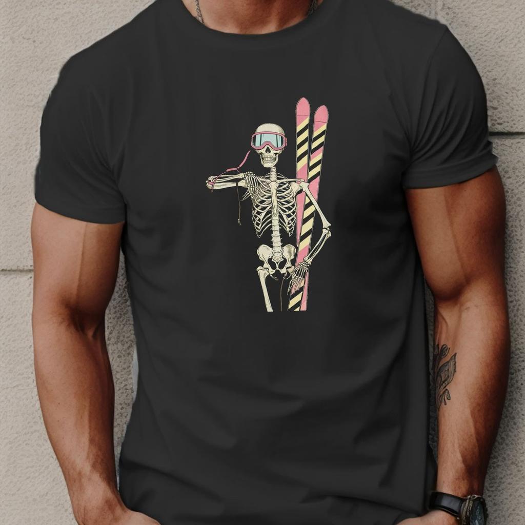 Retro Skeleton Skier Graphic Tee Mens Breathable Cotton Casual TShirt