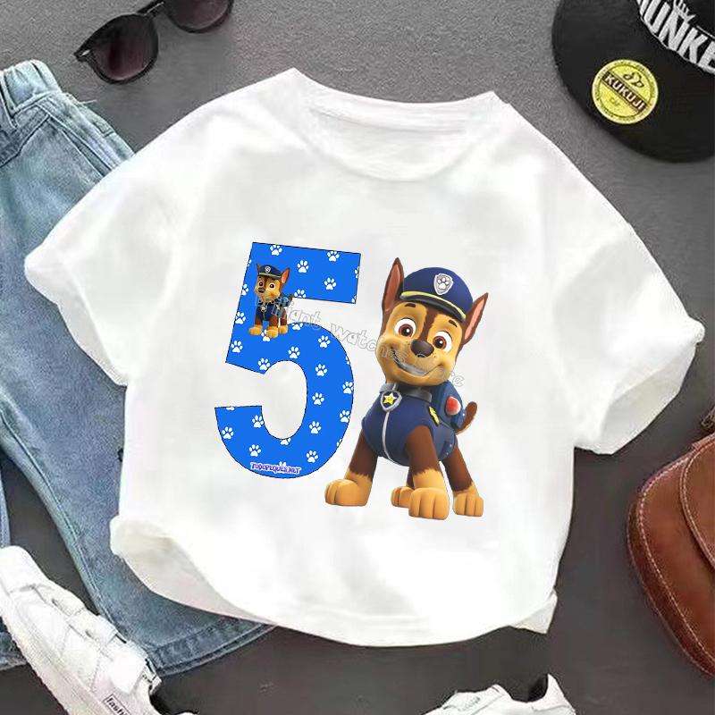 Paw Patrol Chase T-shirt for Children Birthday Figure Tee Top Boys White Clothes Cartoon Short Sleeve Kids Loose Clothing Gift