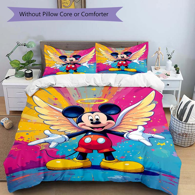 3pcs Mickey with Wings Quilt Cover Set (1 Quilt Cover + 2 Pillowcases Without Pillow Core), High-Definition Printing for Home and Dormitory.B064