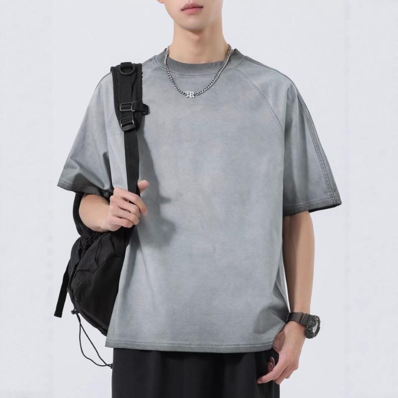 Men Crew Neck Raglan Short Sleeve T Shirt Washed Vintage Loose Fit Casual Daily Tops