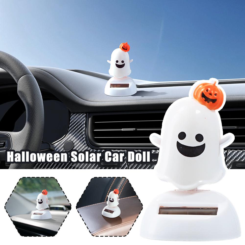 New Halloween Happy Ghost Solar Toy Funny Cartoon Cute Swinging Decorations Solar Desktop White Ghost Ornament Pumpkin Car C0c1