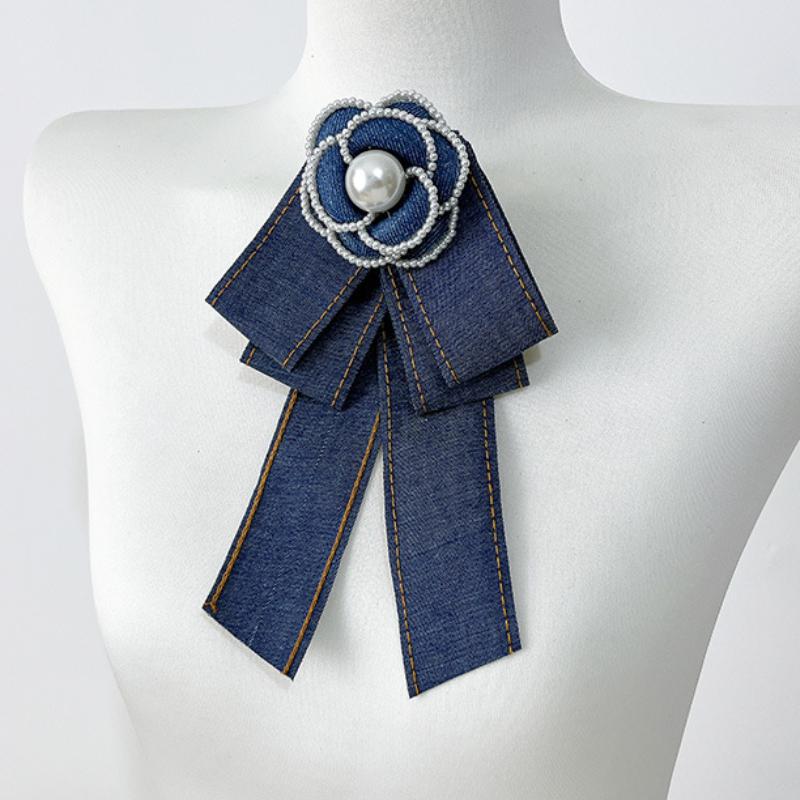 Korean Fabric Denim Bow Brooch Pearl  Camellia Flower Shirt Collar Pins Elegant Fashion Jewelry for Women Accessories
