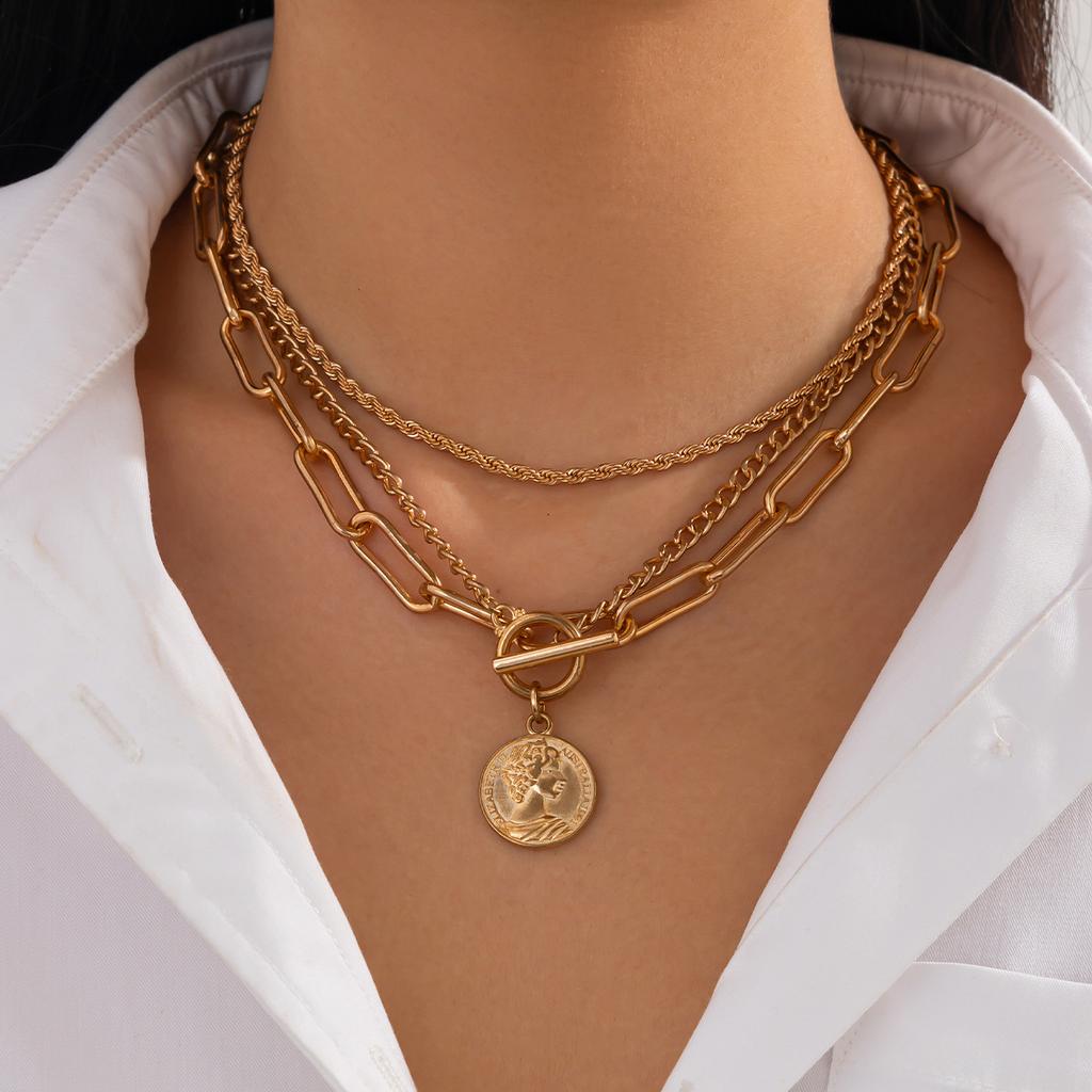 Retro portrait pendant stacked necklace set, personalized snake bone chain cross geometric jewelry