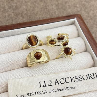 Gold Retro Tiger Eye Stone Ring: Western Ethnic Style, Unique Luxury Open Ring for Women