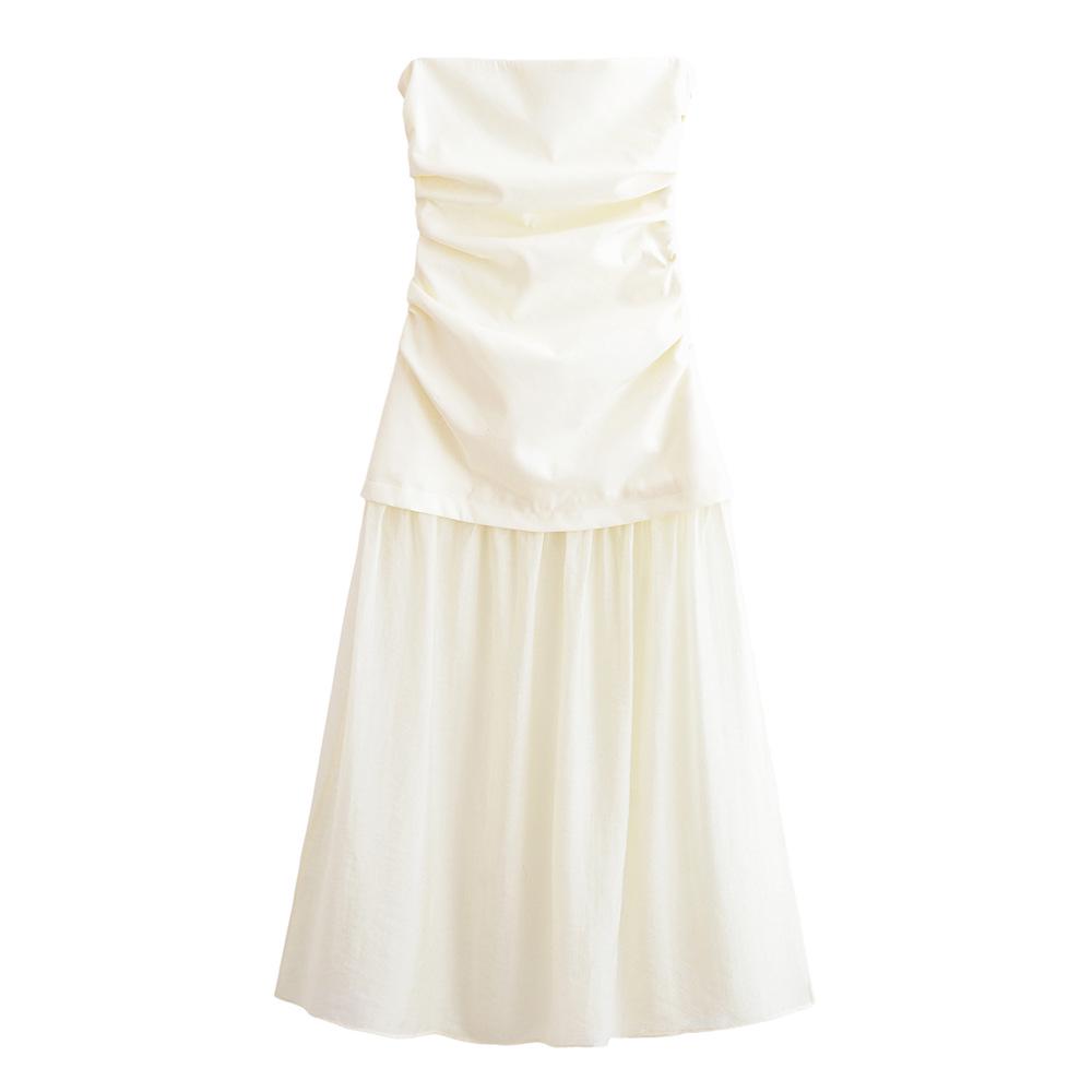 

Spring/Summer 2025 Women s Slim Fit Strapless Pleated Patchwork Dress Large грязно-белый