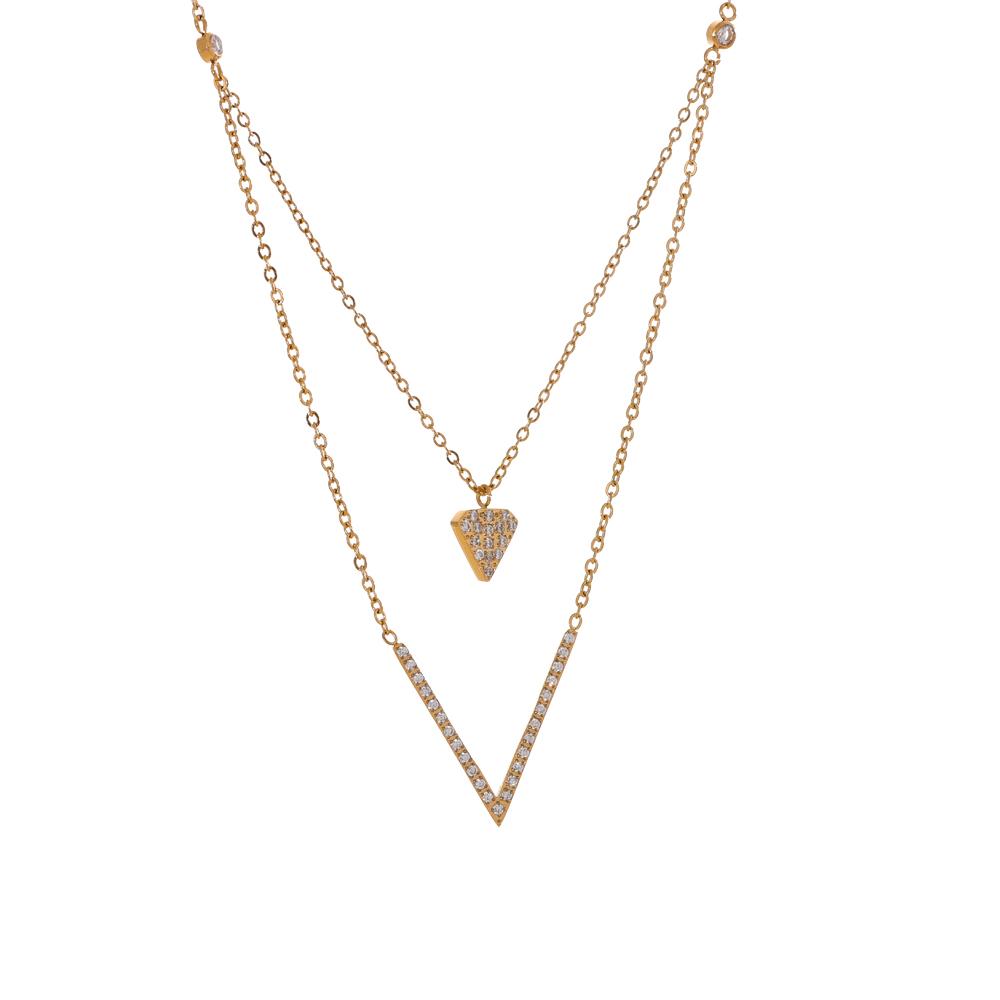 Yhpup Korean Style Shiny Cubic Zirconia Heart V-Shape Double-Layer Chain Necklace Pendant Stainless Steel Delicate Jewelry