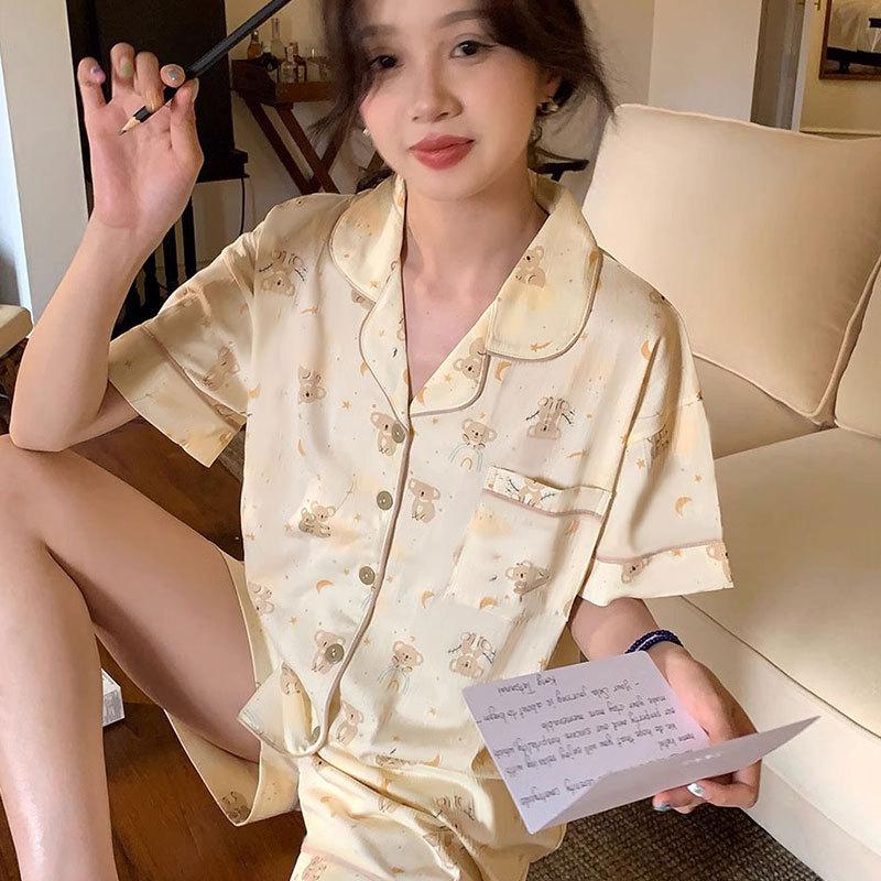 GMXIA High-quality Cotton-like Cute Cardigan Short-sleeved Student Pajamas for Women, Sweet Summer Style for Women's Home Wear