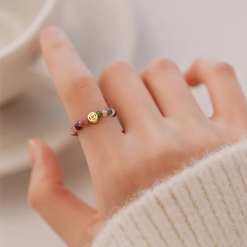 Money Tourmaline Beaded Ring Women's Niche Design Light Luxury Ring Ring Elastic Rope Index Finger Ring Jewelry