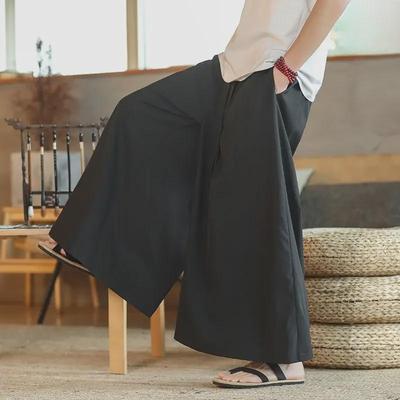 Men's Chinese Retro Tang Style Wide-Leg Silk Pants