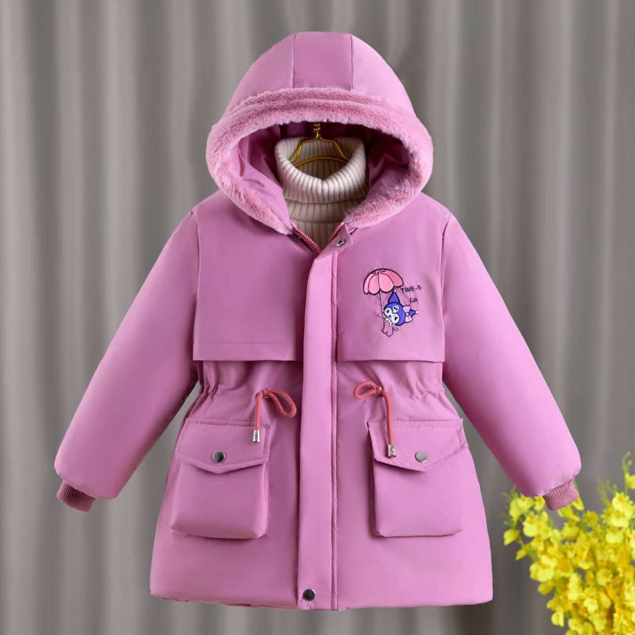 

Детская зимняя хлопковая одежда с утолщенной средней и длинной внешней курткой и плюшевой хлопковой курткой 2XL фуксия