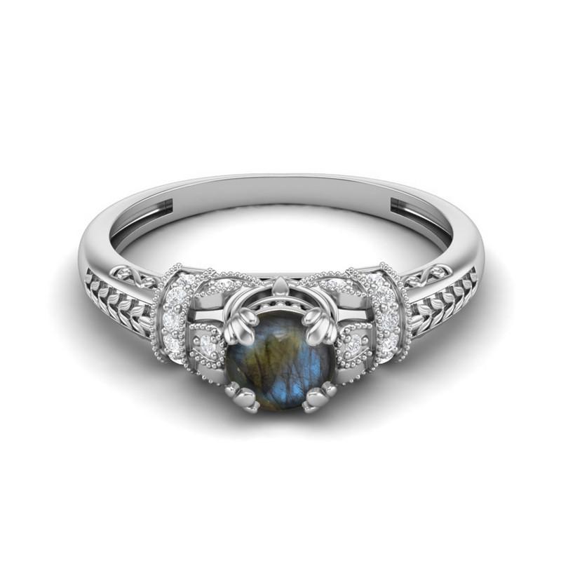5MM Round Labradorite Gemstone 925 Sterling Silver Solitaire Blossom Design Women Wedding Ring