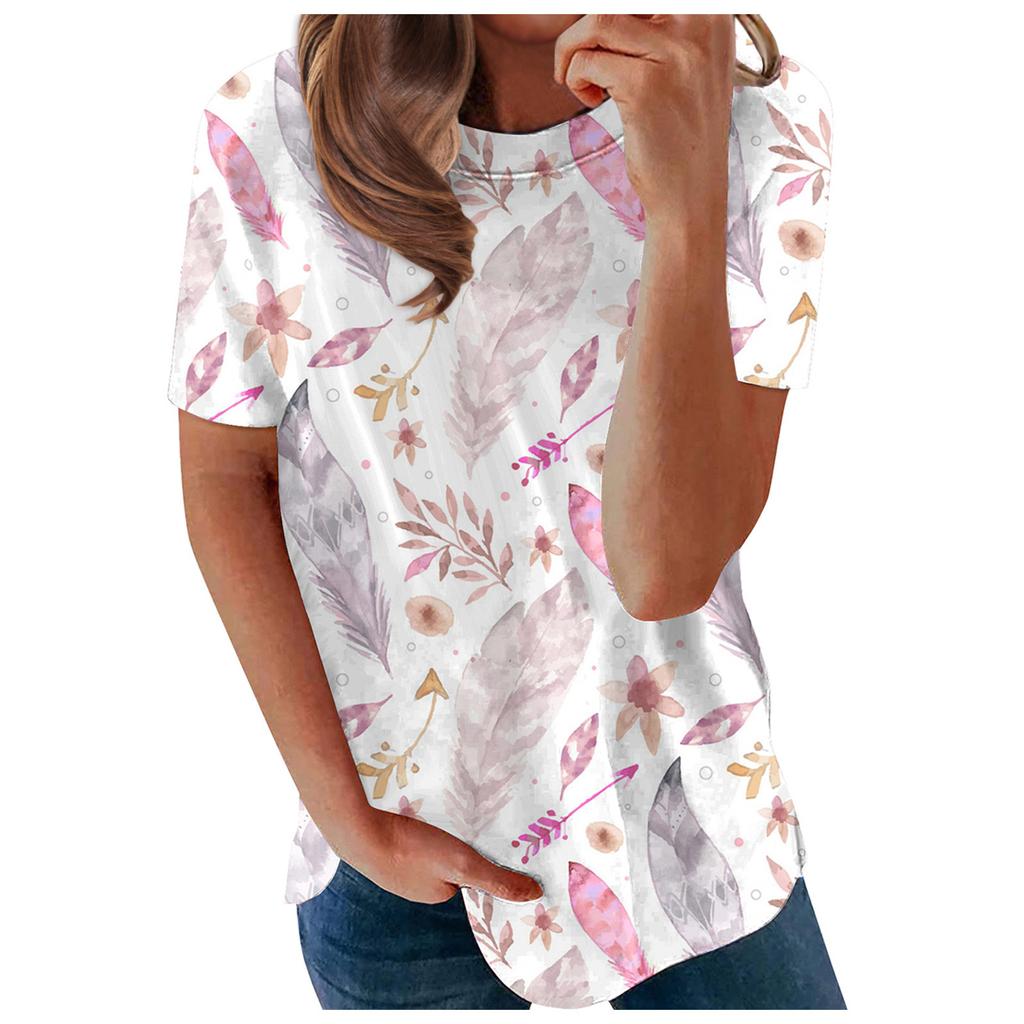 Women's Fashion Casual Loose Round Neck Feather Print Short Sleeve T-Shirt Top