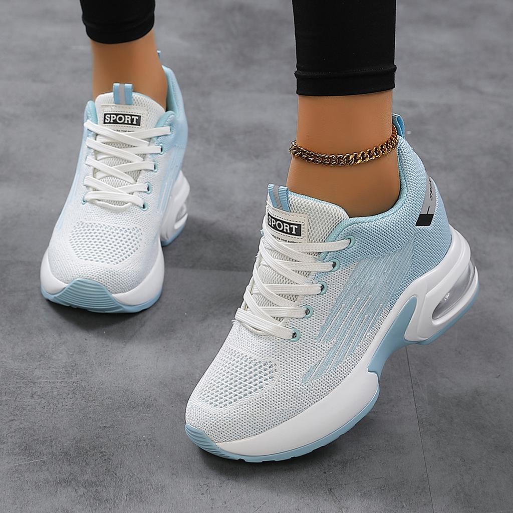Frühling und Herbst neue lässige Damenschuhe Fliegenstrick atmungsaktiv dicksohlige Sportschuhe rutschfest und bequem Innenhöhe erhöhend Luftkissen