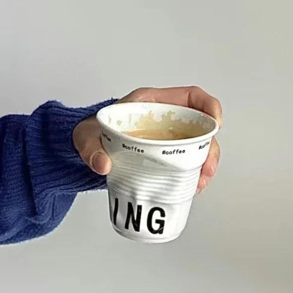 200ml Nordic irregular Cups Coffee Mug White Ceramic Wrinkle Cup Drinking Coffe Tumbler English Letter 200ml