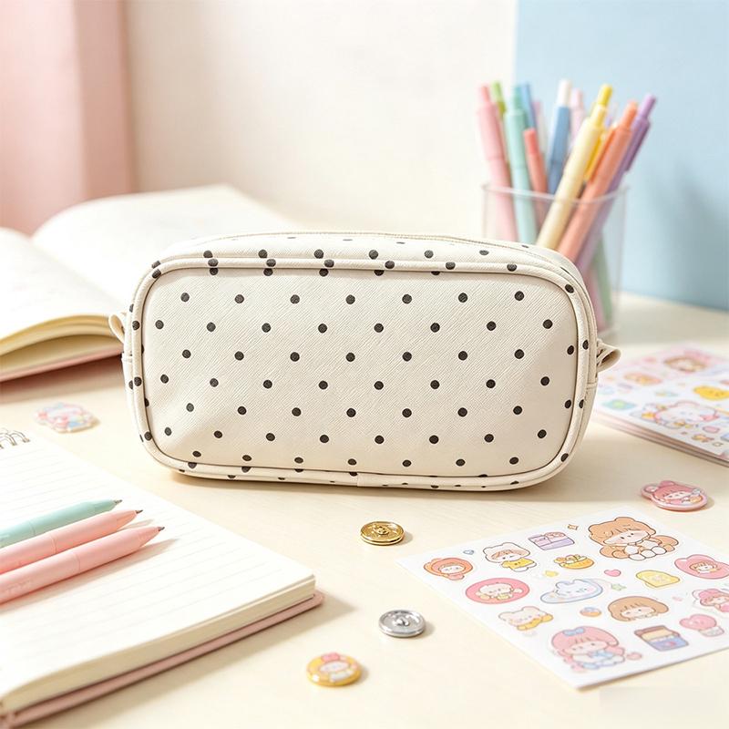 Kawaii Polka Dot Cat Pencil Case Large Capacity Clear Window Inner Pockets For Students School Stationery Storage