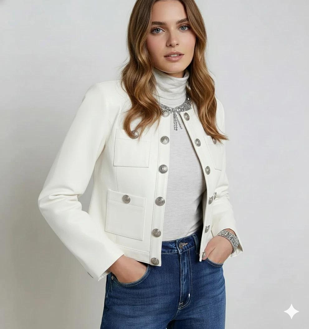 Кожаная куртка из овчины Ручная работа Женская Натуральная Стильная Тракер Белая Мягкая Повседневная 2XL