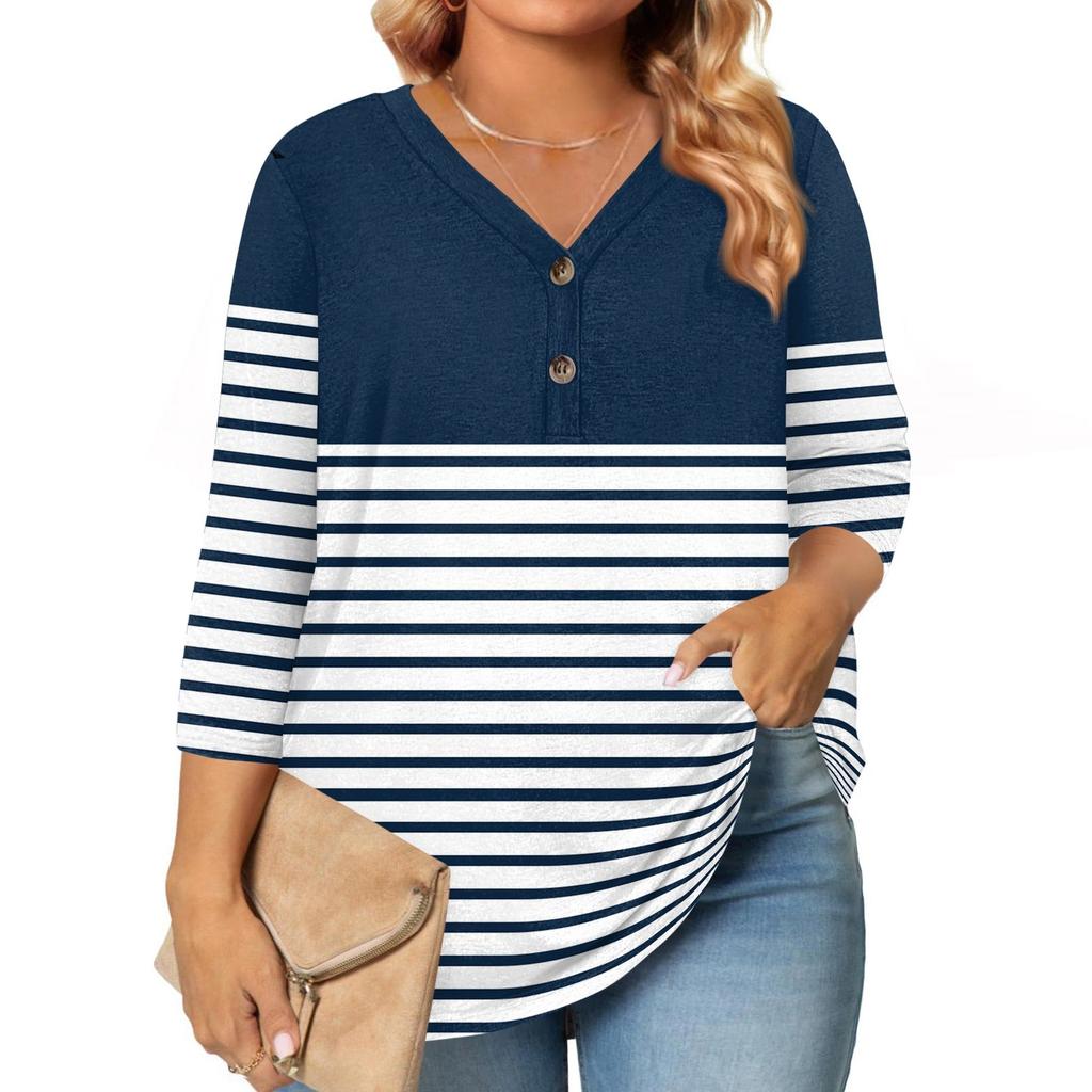 Womens 3/4 Length Sleeve Tops Plus Size Button Down V Neck Shirts Blouses Casual Printing Loose
