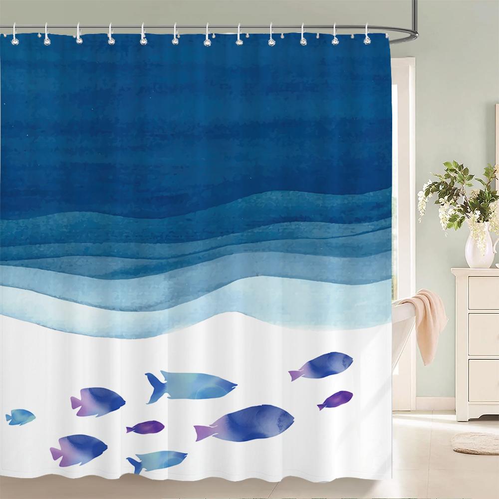 1 Pcs Cartoon Shower Curtain Cartoon Ocean Fish Style Printed Polyster Cloth Home Decoration Bathroom Curtain With Hooks