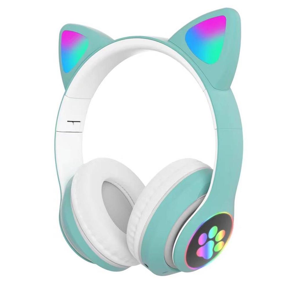 Cute Cat Ear Bluetooth Compatible Headset with LED Wireless Headset Children Girls Stereo Folding Sports Headset with Microphone