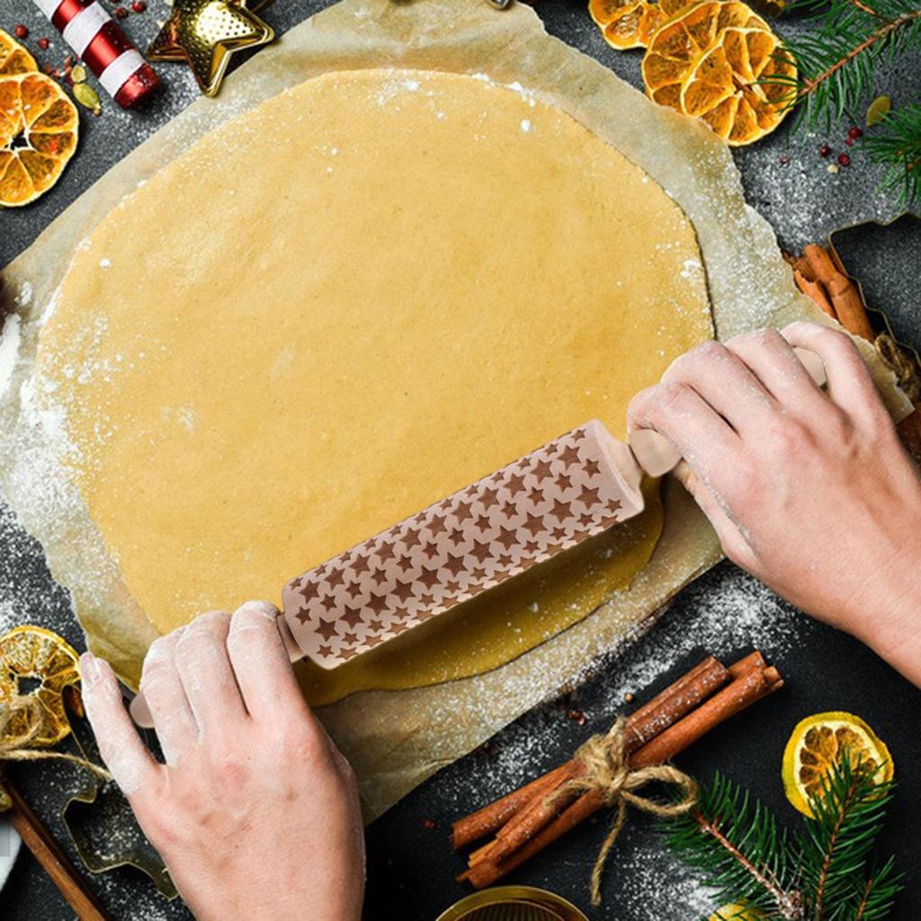 Christmas Embossed Wooden Rolling Pin Engraved Embossing for Baking Fondant